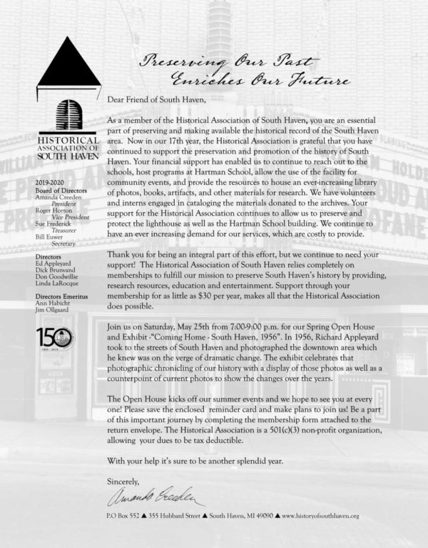 2019 Membership Letter - Historical Association of South Haven